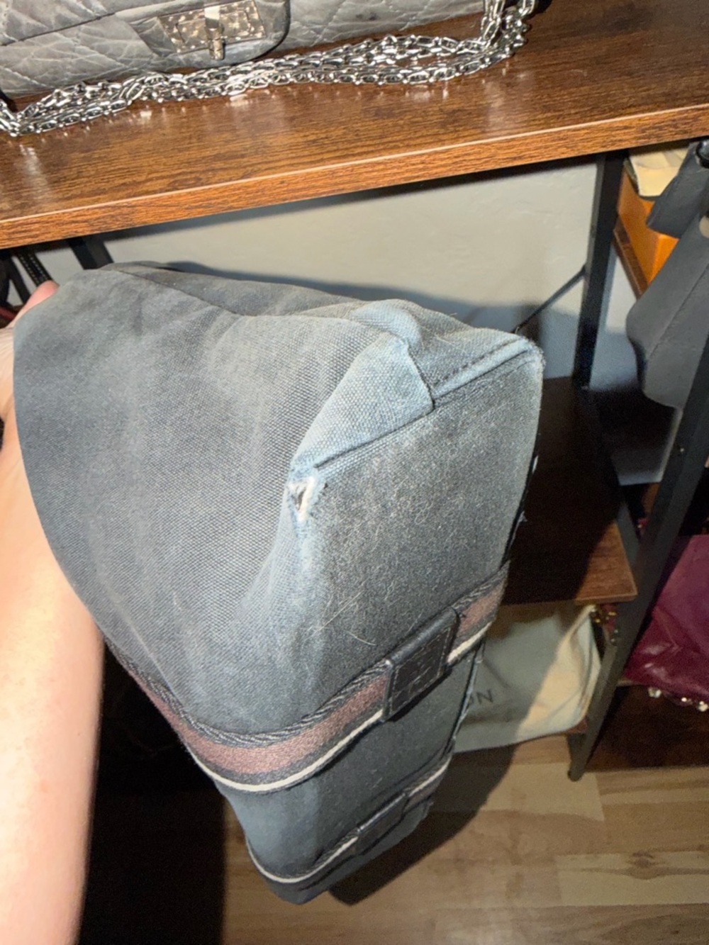 Hermes Black Canvas vintage Troca Bag with Brown and Cream Striped Handles - Picture 4 of 8